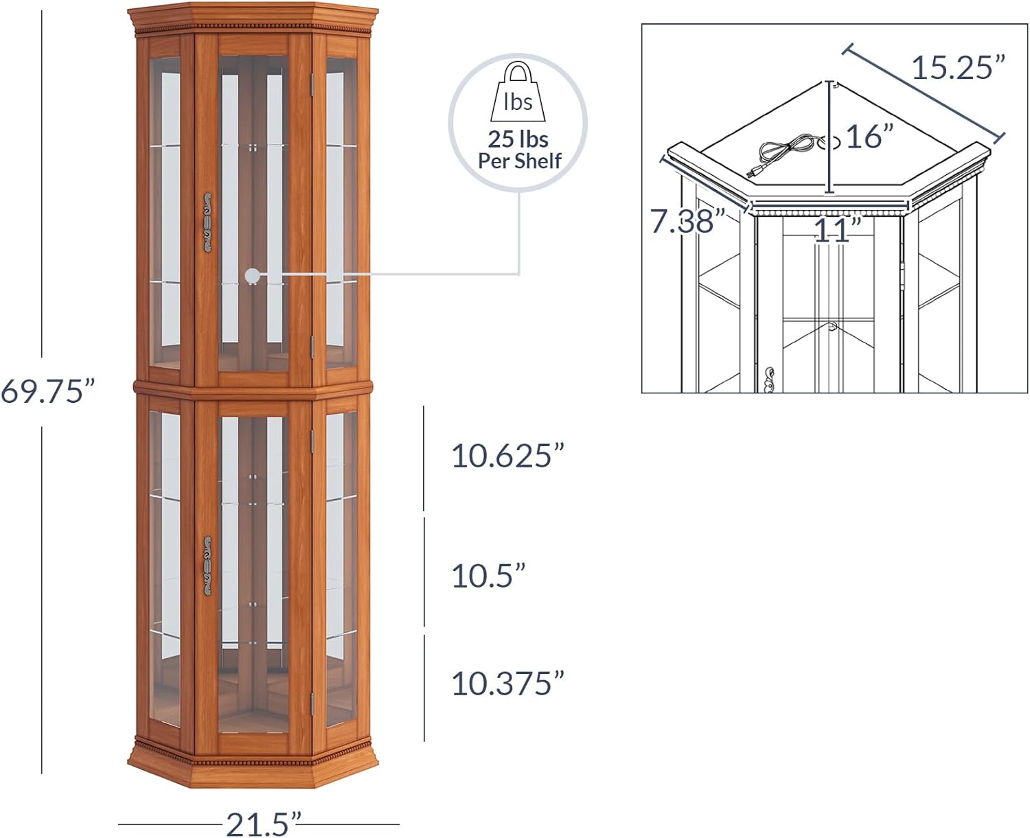 BELLEZE Lighted 3-Side Glass Display Curio Cabinet w/Tempered Glass Doors and Shelves, Accent Wooden Corner Cabinet with Bulb, Corner Storage Decoration Rack for Living Room