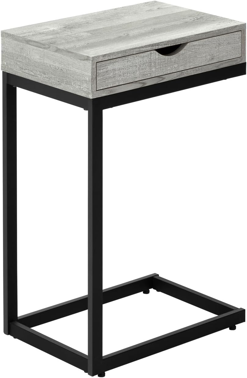 Accent Table, C-Shaped, End, Side, Snack, Storage Drawer, Living Room, Bedroom, Grey Laminate, Black Metal, Contemporary, Modern