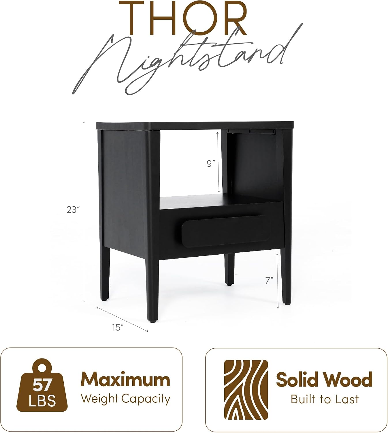 Modern Nightstand, Sustainable Hevea Premium Solid Wood Frame - Bedside Table - End Table with Ball Bearing Slide - Drawers Real Wooden Cabinet Organizer for Bedroom (Midnight Charcoal)