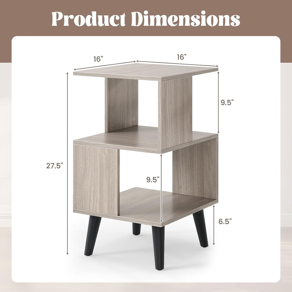 GOFLAME 3-Tier End Table Set of 2, Wood Sofa Side Table with Open Storage Shelves, Plastic Legs, Geometric Bedside Table, Modern Nightstand for Living Room, Bedroom, Small Spaces, Gray