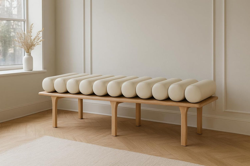 Meridian Furniture 22007Cream Landon Collection Art Deco Bench with Soft Vintage Cream Vegan Leather and Solid Wood with Natural Oak Finish, 60.5" W x 19.5" D x 18.5" H, Cream