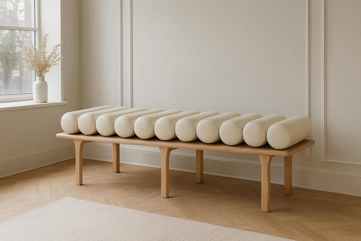 Meridian Furniture 22007Cream Landon Collection Art Deco Bench with Soft Vintage Cream Vegan Leather and Solid Wood with Natural Oak Finish, 60.5" W x 19.5" D x 18.5" H, Cream