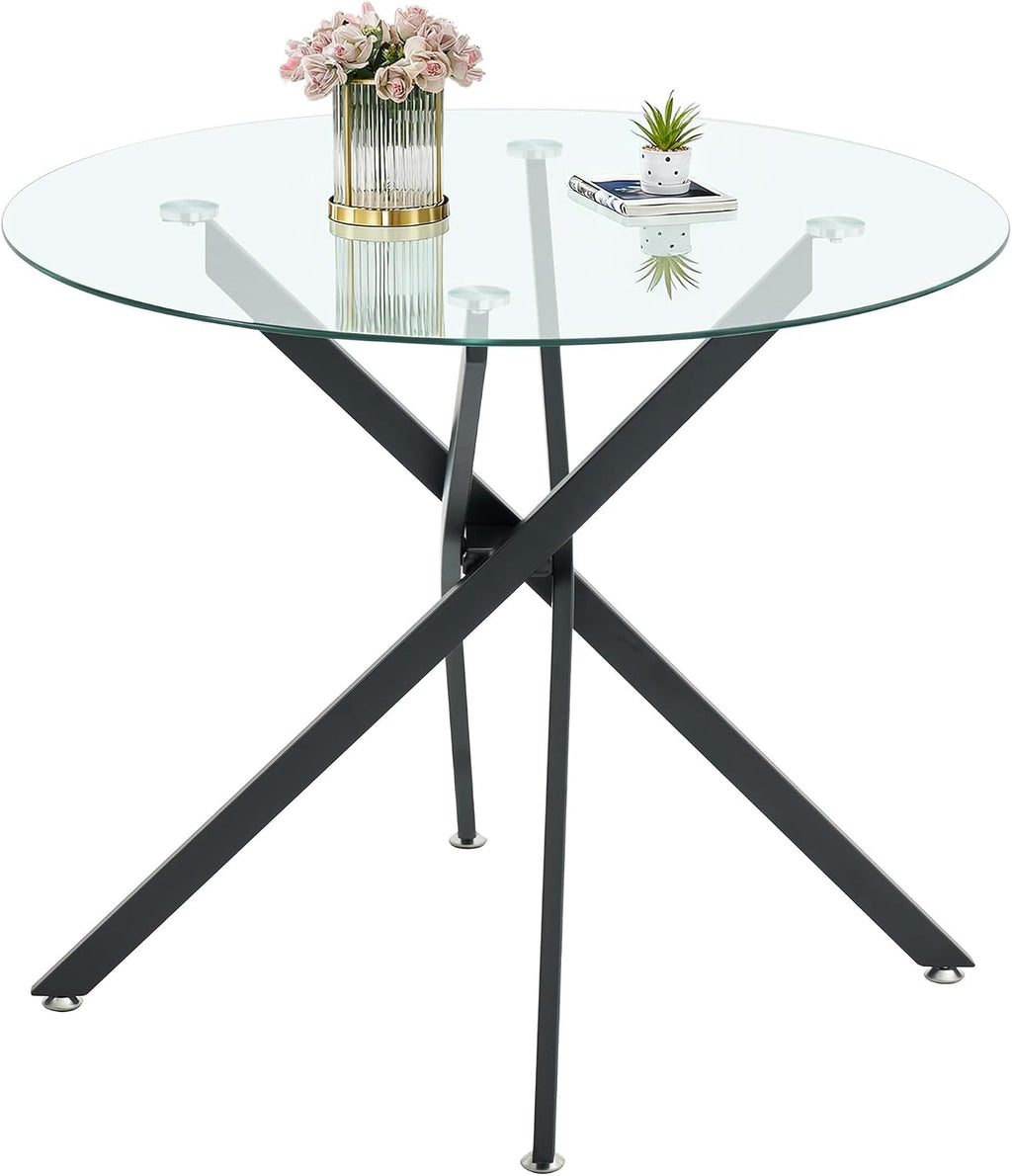 Modern Dining Table for 4-6 People, 47" Round Dining Table with Black Chrome Metal X-Base, Circle Tempered Glass Dining Room Table, Small Kitchen Dining Room Tables Dinner Tables