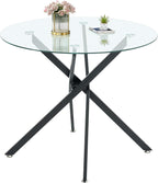 Modern Dining Table for 4-6 People, 47" Round Dining Table with Black Chrome Metal X-Base, Circle Tempered Glass Dining Room Table, Small Kitchen Dining Room Tables Dinner Tables