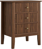 Night Stand, Fluted Nightstand Bedside Tall Farmhouse Nightstand with 3 Drawers, Mid Century Modern Side Accent Table,Bedside End Table for Bedroom, Living Room, Walnut