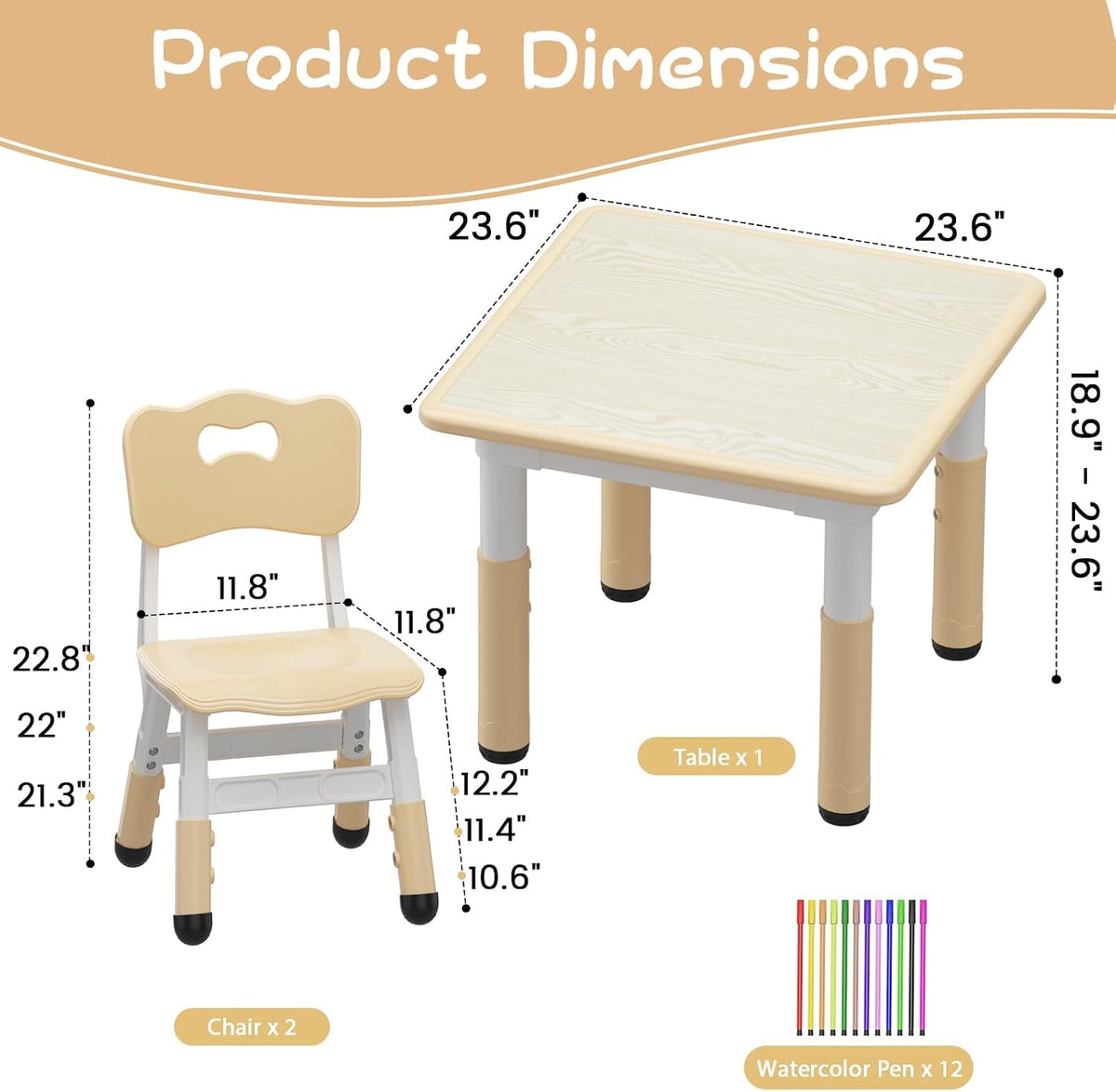 Kids Table and Chairs Set Height Adjustable Table and 2 Chairs for Toddlers | 60*60 cm Graffiti Table | Non-slip Caps | Ergonomic Chair | Rounded Corners | Suitable for Daycare, Classrooms, Home