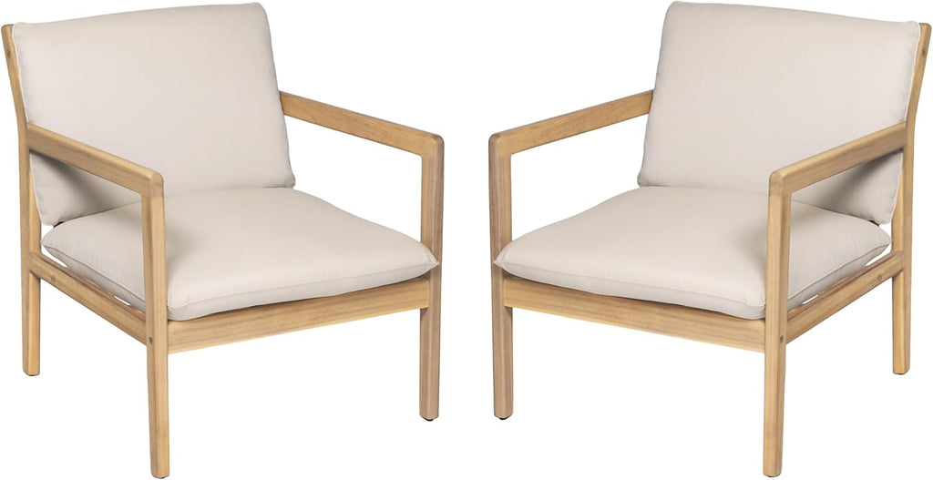 Elountik Acacia Wood Patio Club Chair Set of 2 with Cushions, Outdoor Armchairs for Patio Seating, Light Teak