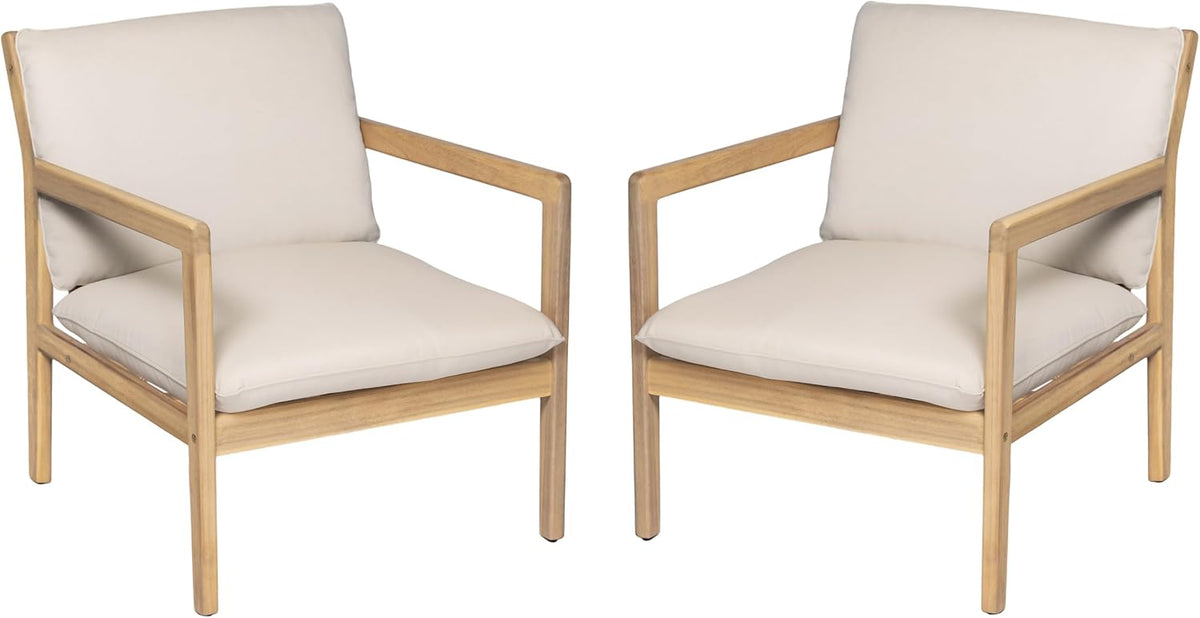 Elountik Acacia Wood Patio Club Chair Set of 2 with Cushions, Outdoor Armchairs for Patio Seating, Light Teak