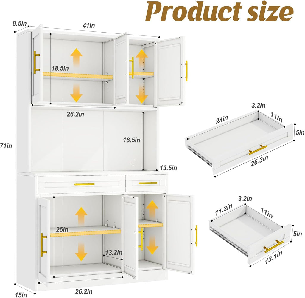 71" Metal Large Pantry Storage Cabinet with Adjustable Shelves,Kitchen Pantry Storage with Drawers,Tall Kitchen Hutch with Countertop for Kitchen,Dining Room and Living Room,White