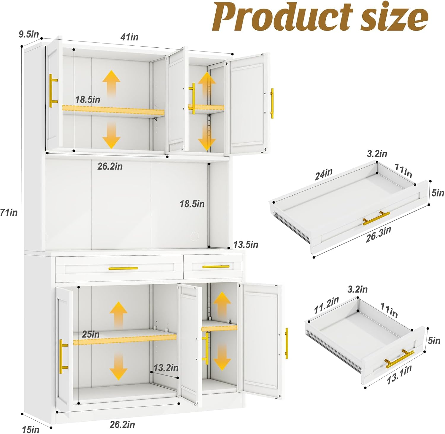 71" Metal Large Pantry Storage Cabinet with Adjustable Shelves,Kitchen Pantry Storage with Drawers,Tall Kitchen Hutch with Countertop for Kitchen,Dining Room and Living Room,White