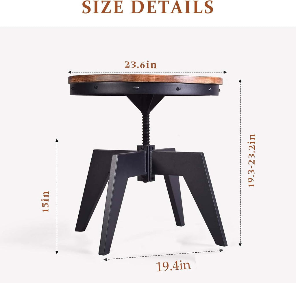 Topower Industrial Retro Round Table End Table Antique Height Ajustable Black Cast Iron Base Bar Table Farmhouse Wood Desktop End Table