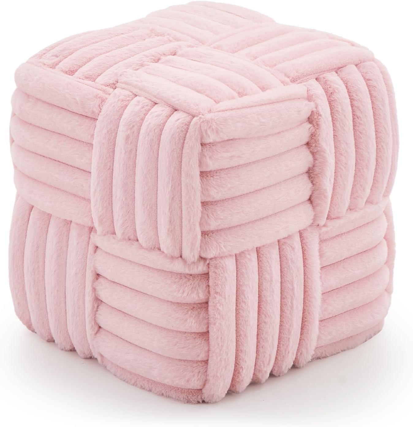 Faux Fur Ottoman Footrest 15.7" Square Vanity Stool, No Assembly Required, Soft Padded Seat for Bedroom, Living Room, Entryway (Pink-1)