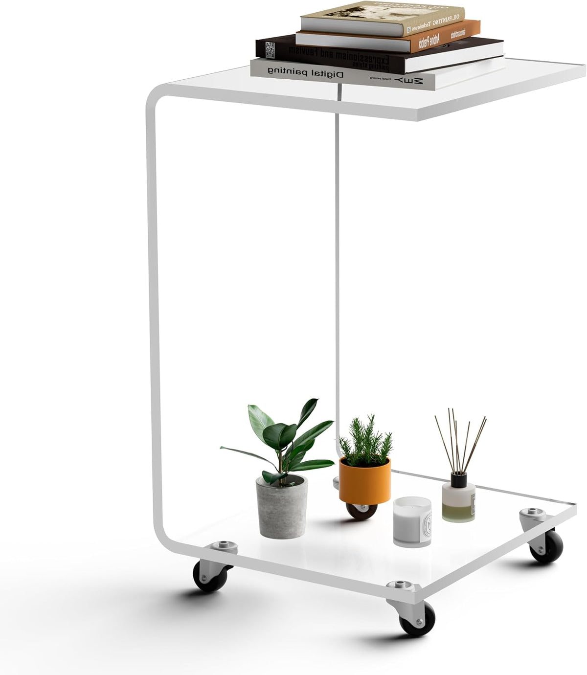 C-Shape Acrylic Side Table with Wheels,13.8" L x 13" W x 22" H x 1/2" Thick Clear End Table,Transparent Nightstand with Waterfall Edges,Modern Lucite Side Table for Living Room