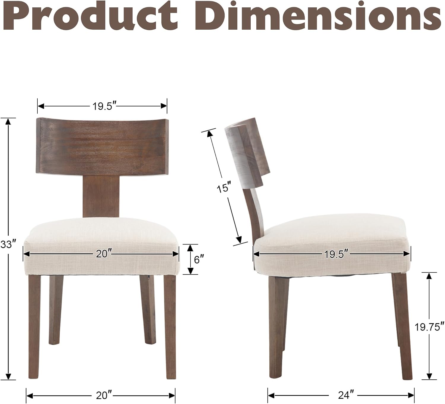 Farmhouse Dining Chairs Set of 4, Upholstered Dark Brown Solid Wooden Chairs with T-Shape Back, Armless Kitchen Chairs Comfy Accent Chairs, Linen Beige