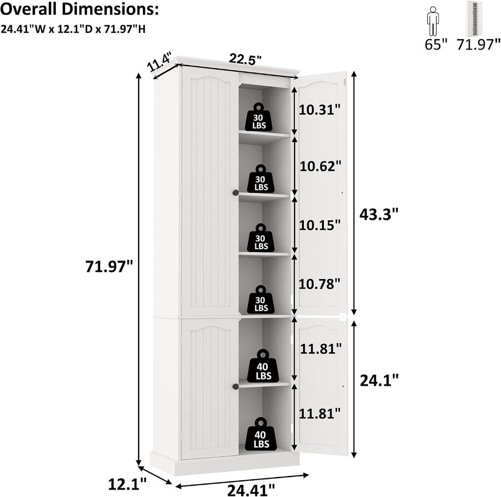 Function Home 72" Kitchen Pantry Cabinet, Tall Wood Storage Cabinet with Doors and Adjustable Shelves, 6-Tier Freestanding Cupboard for Kitchen Dining Room Living Room Bathroom, White