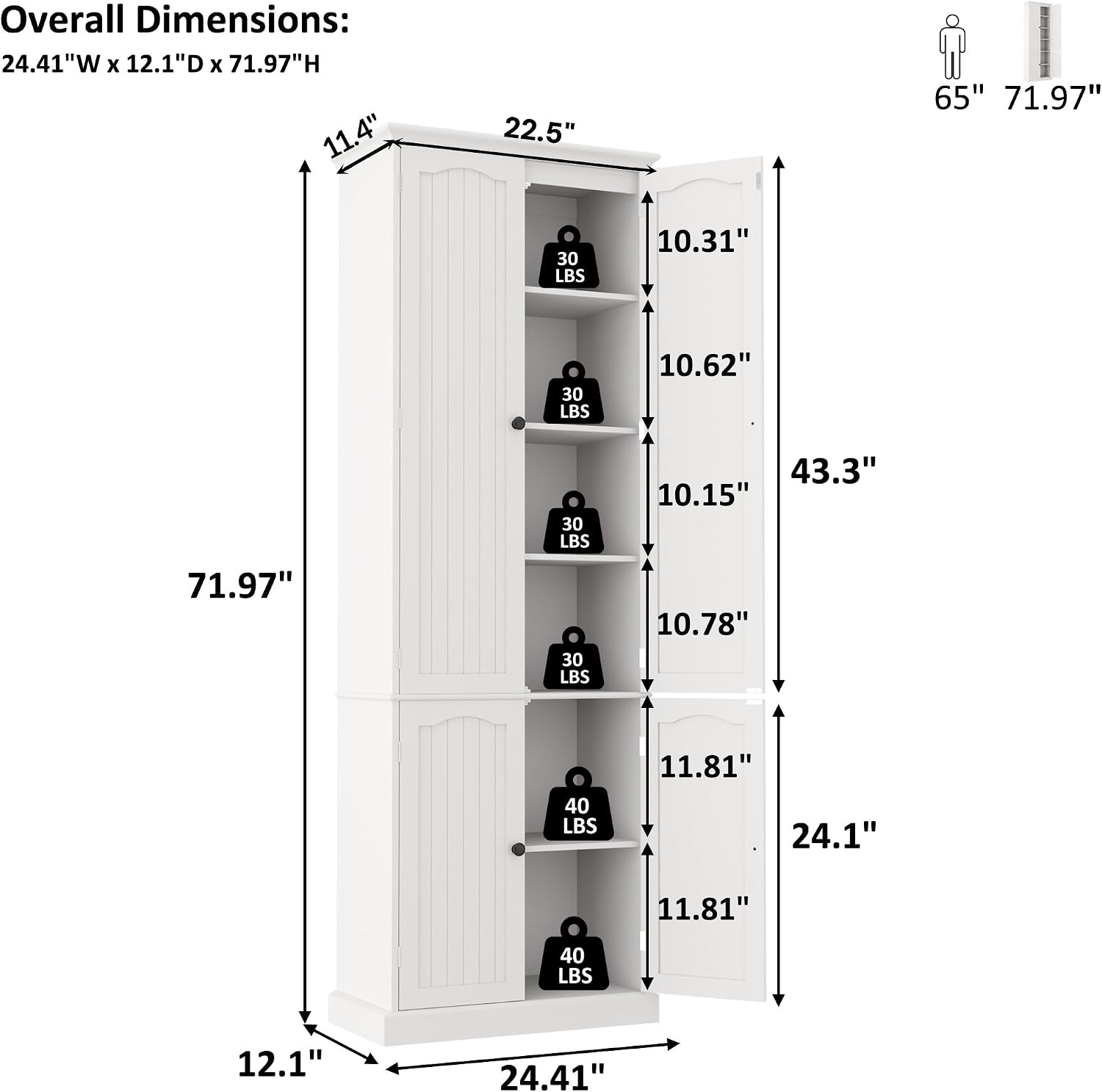 Function Home 72" Kitchen Pantry Cabinet, Tall Wood Storage Cabinet with Doors and Adjustable Shelves, 6-Tier Freestanding Cupboard for Kitchen Dining Room Living Room Bathroom, White