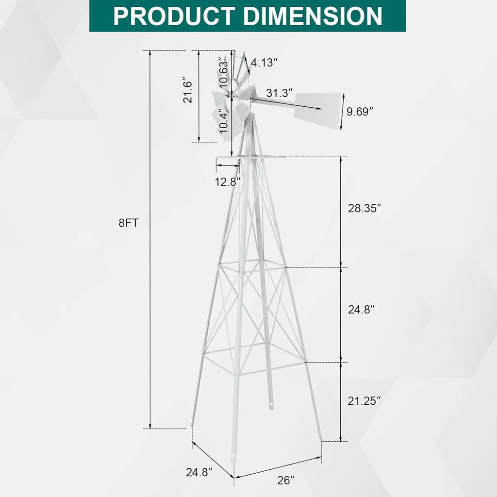 Garden Windmill for Yard Decor, 8 ft Tall Metal Windmill with Spinning Blades, Weather-Resistant Outdoor Windmill for Lawn, Farmhouse, Rustic & Farm Decor,White