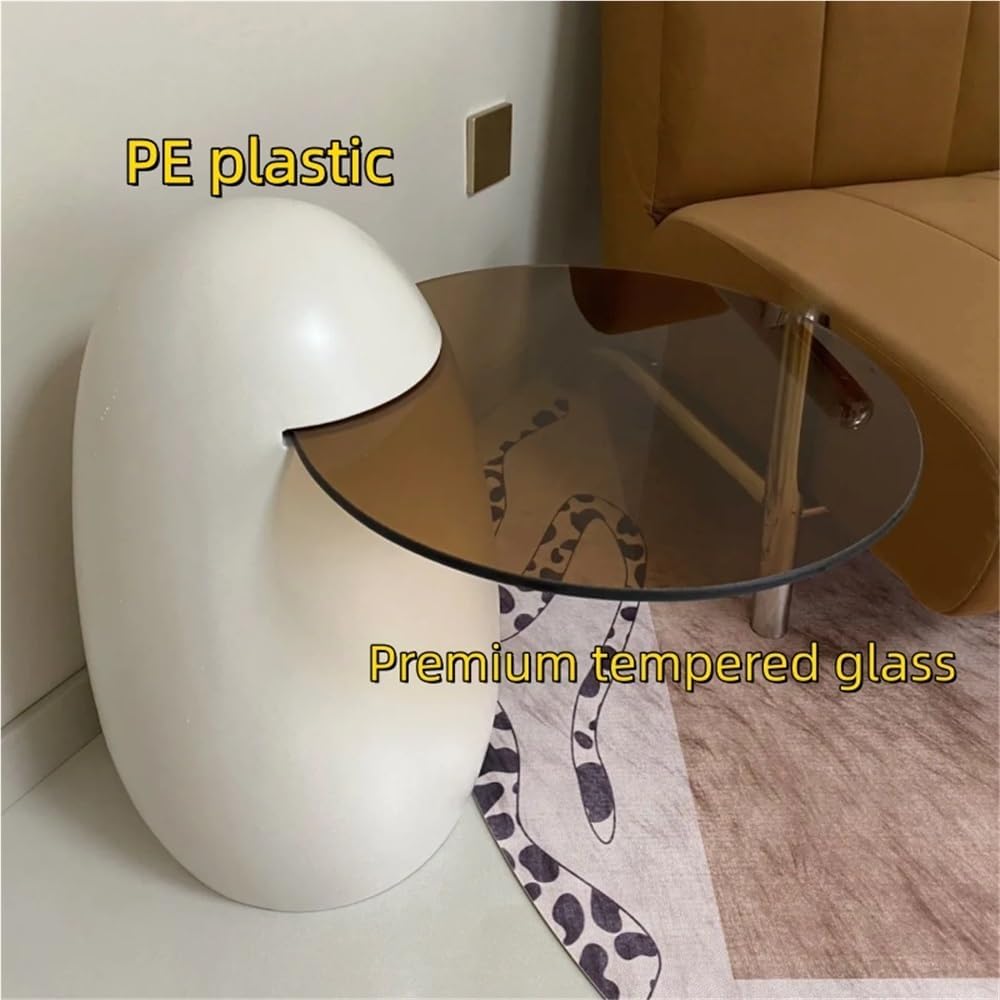 Modern PE Plastic Coffee Table, Nesting End Table with Glass Top, Egg-Shaped Side Table for Living Room, Bedroom, Small Spaces