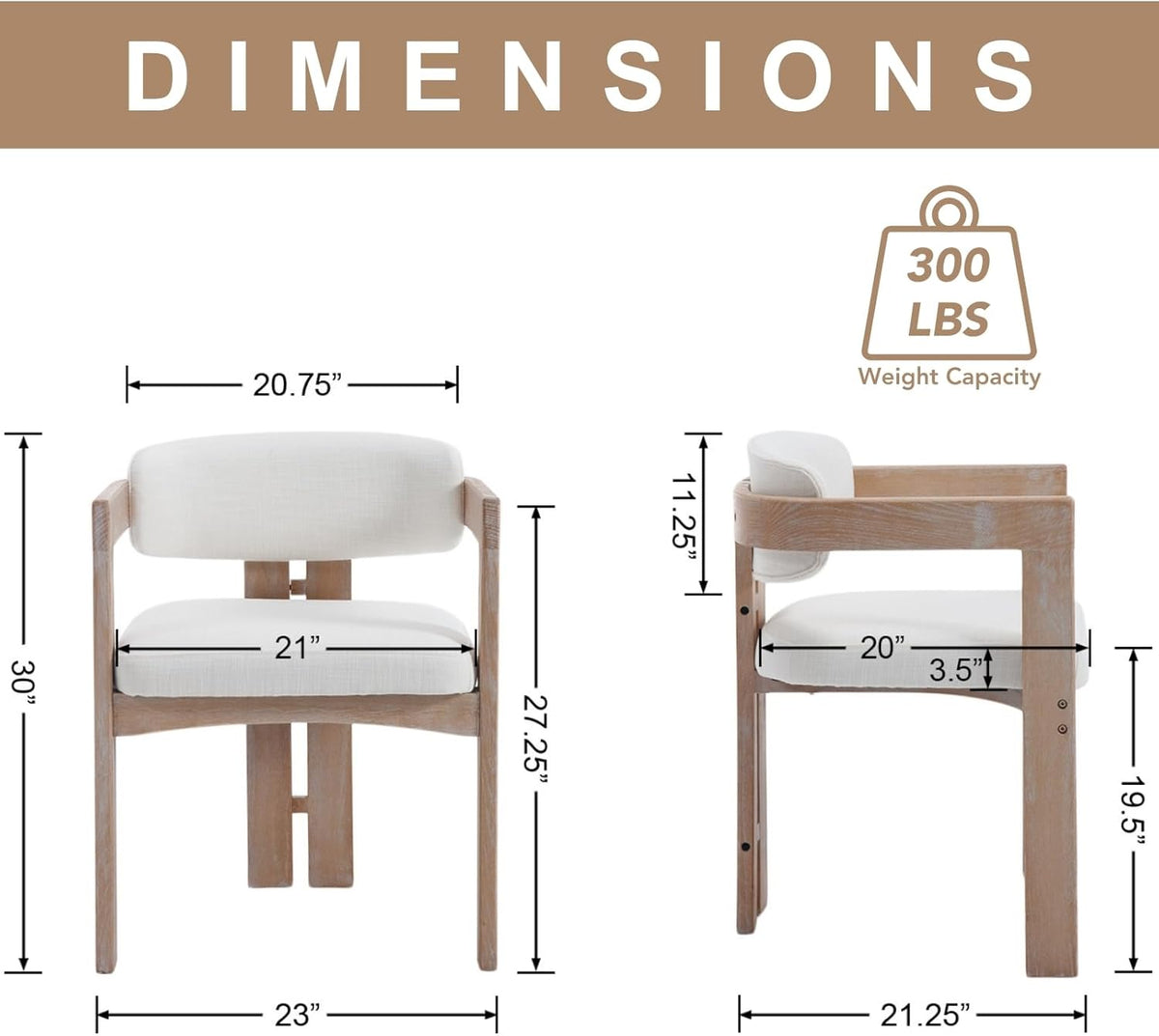 chairus Modern Barrel Dining Chairs Set of 4, Linen Upholstered Dining Room Chairs with Arm & Curved Back, Farmhouse White Washed Natural Wooden Side Kitchen Chairs, Beige Fabric