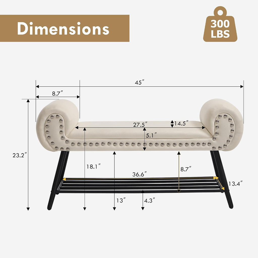 End of Bed Bench with Shoe Shelf, 45" Modern Velvet Upholstered Bedroom Bench with Rolled Arms and Metal Frame for Entryway, Living Room, Hallway, Foyer, 300 lbs, Cream