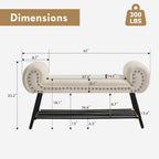 End of Bed Bench with Shoe Shelf, 45" Modern Velvet Upholstered Bedroom Bench with Rolled Arms and Metal Frame for Entryway, Living Room, Hallway, Foyer, 300 lbs, Cream