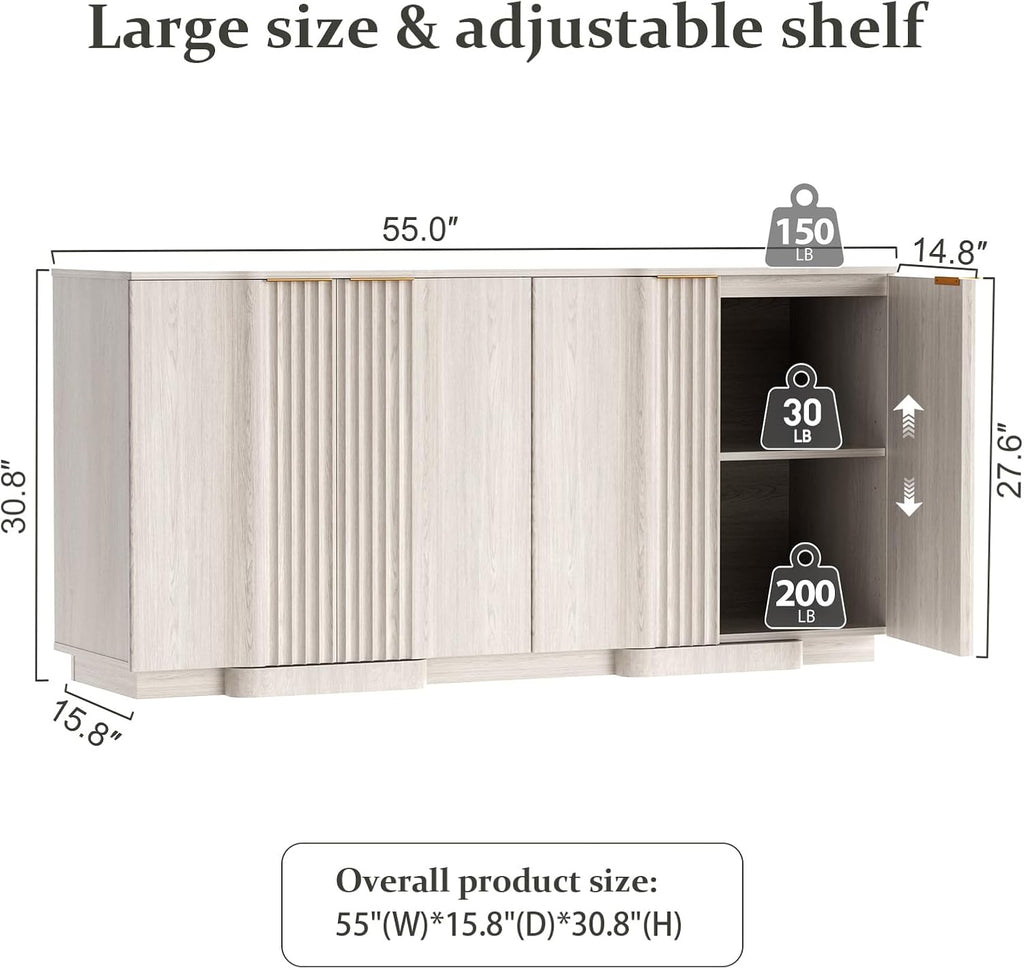 Brafab Buffet Cabinet, 55" Modern Farmhouse Accent Sideboard Cabinet with 4 Doors, Wood Fluted Credenza for Living Room and Kitchen, White