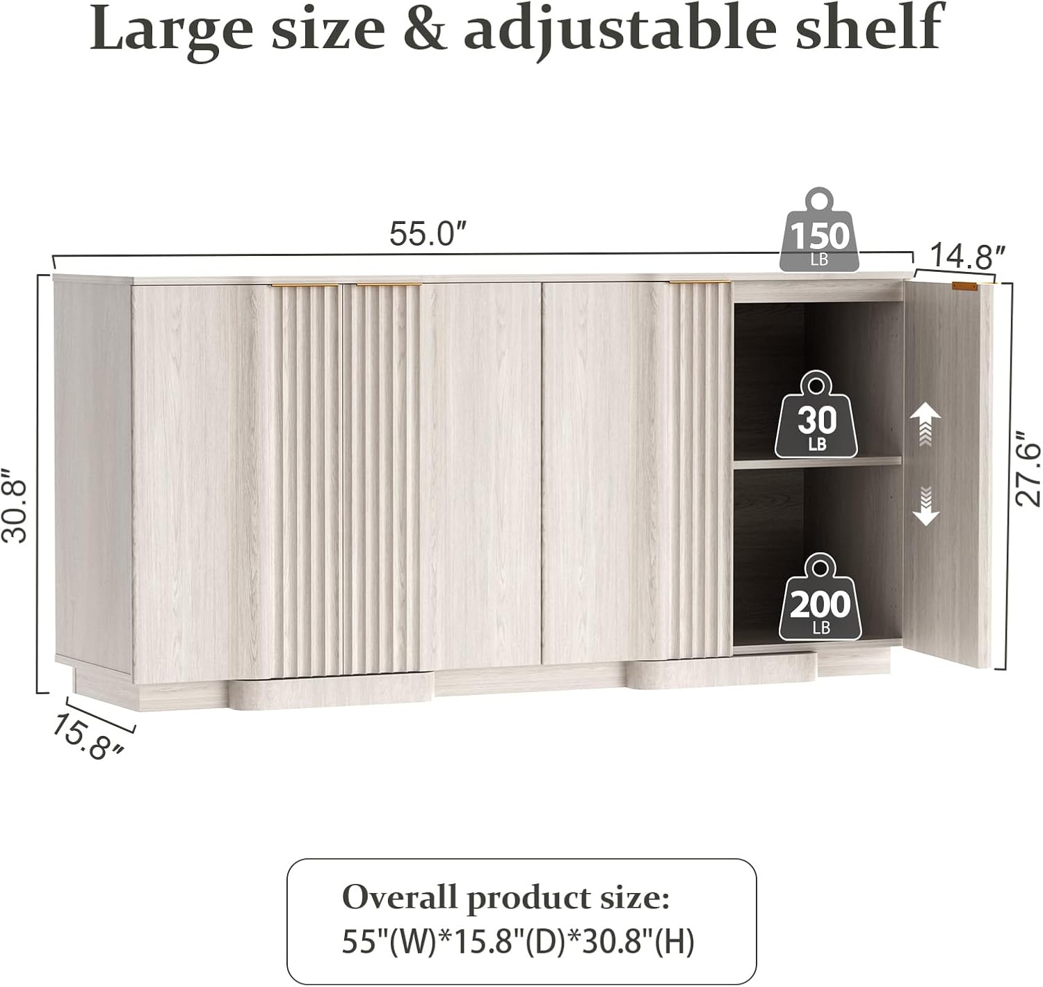 Brafab Buffet Cabinet, 55" Modern Farmhouse Accent Sideboard Cabinet with 4 Doors, Wood Fluted Credenza for Living Room and Kitchen, White