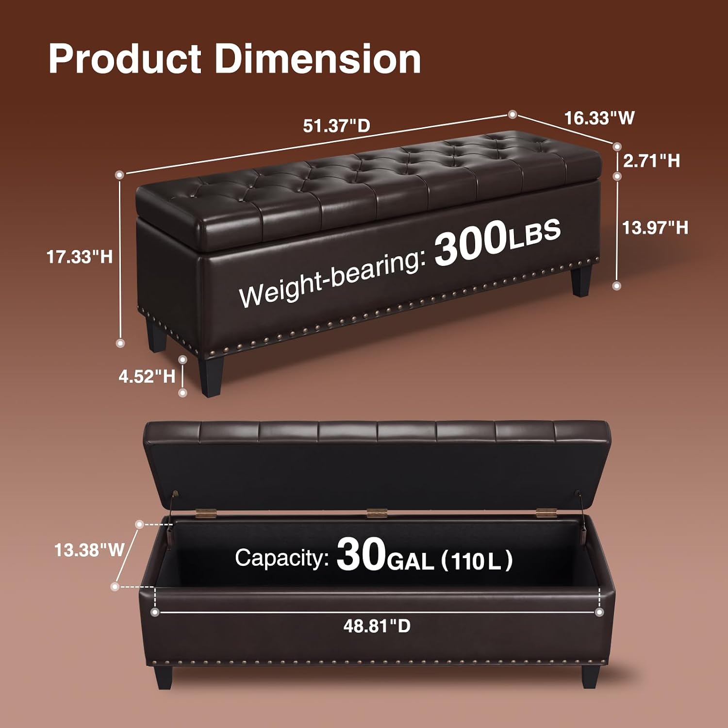 FiveWillowise 51 Inch Storage Ottoman Bench,Large End of Bed Storage Bench | Faux Leather Ottoman with Storage,30 Gallons,Upholstered,with Nailhead Trim,Legs,for Bedroom,Living Room,Entryway,Chocolate