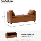 Storage Bench for Bedroom, 55" End of Bed Bench for King Size Bed, Modern Upholstered Long Ottoman Bench with Arms and 2 Pillows for Living Room/Entryway (Faux Leather - Camel)