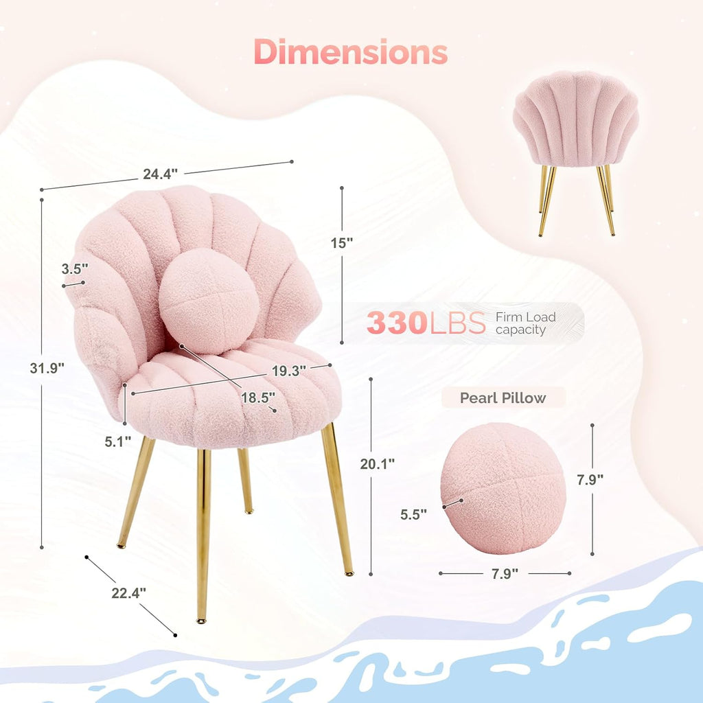 VINGLI Shell-Shaped Teddy Fleece Accent Vanity Chair with Back,Comfy Pink and Gold Desk Chair No Wheels,Cute Small Pearl Deco Pillow,Gift for Girls/Women,for Makeup,Office,Dining,Nail,Sewing,Bedroom