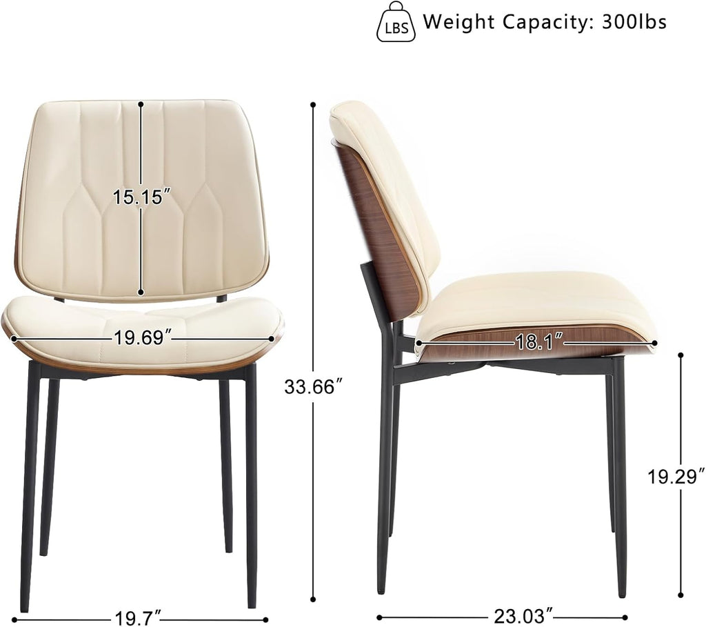 BV Mid Century Dining Chairs Set of 4, PU Leather Bentwood, Beige | Upholstered PU leather seat with walnut bentwood back, armless, retro mid-century style for kitchen, dining & living room