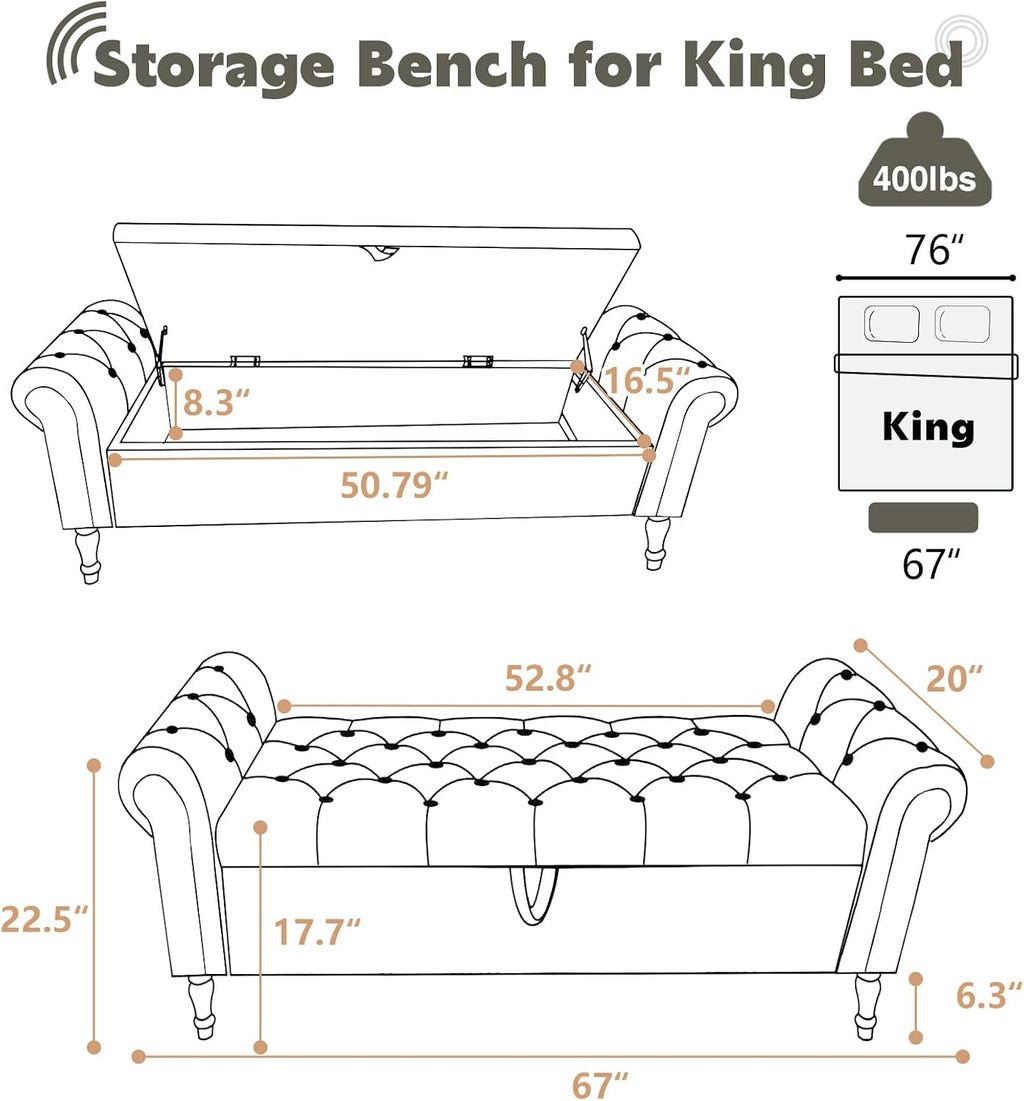 67'' End of Bed Storage Bench King Size, Storage Bench for Bedroom End of Bed, Upholstered Velvet Tufted Storage Ottoman Benches with Arms for Living Room, Entryway, Black