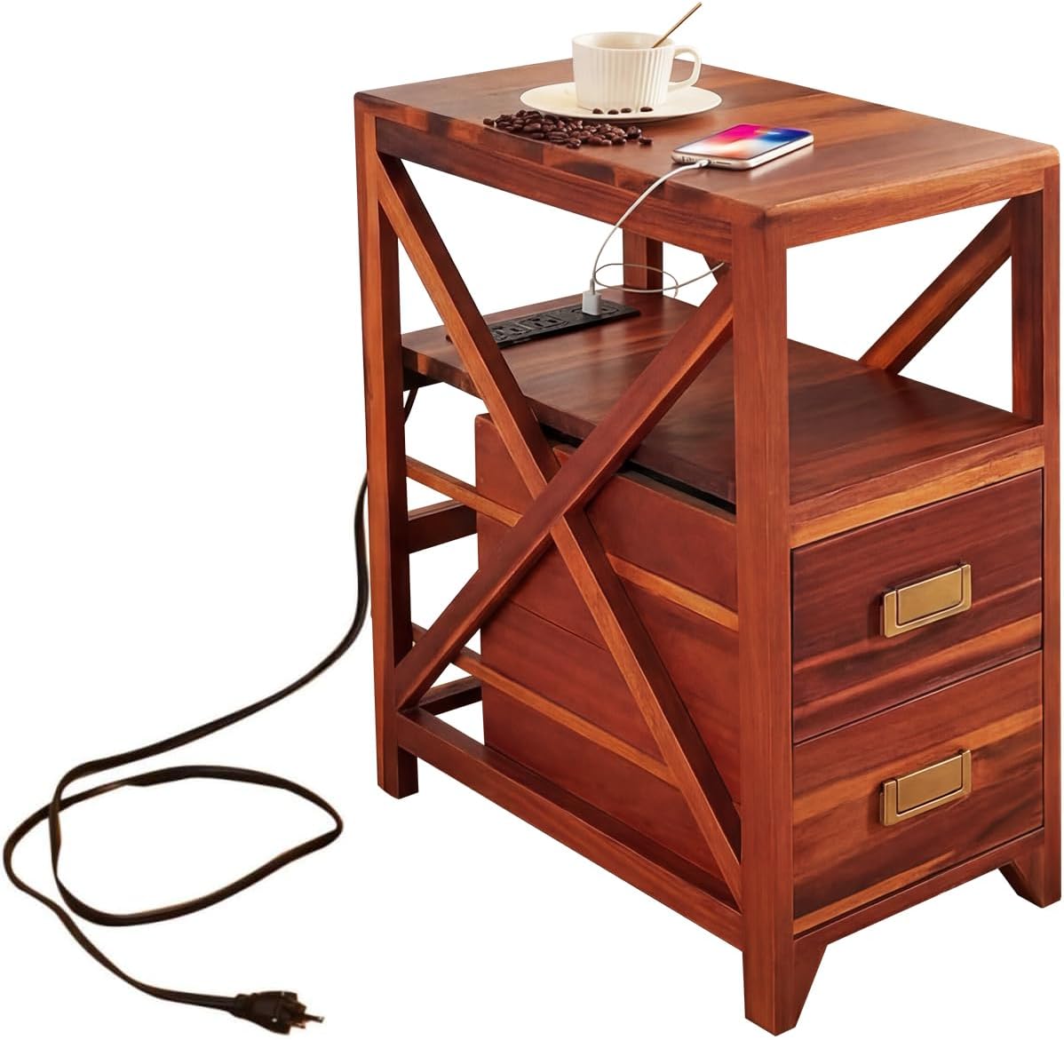 Fully Assembled Narrow Side Table with Charging Station, No Assembly Narrow Nightstand with USB Ports, Pre Assembled Skinny End Table with Outlets for Living Room, Bedroom-Golden Koa