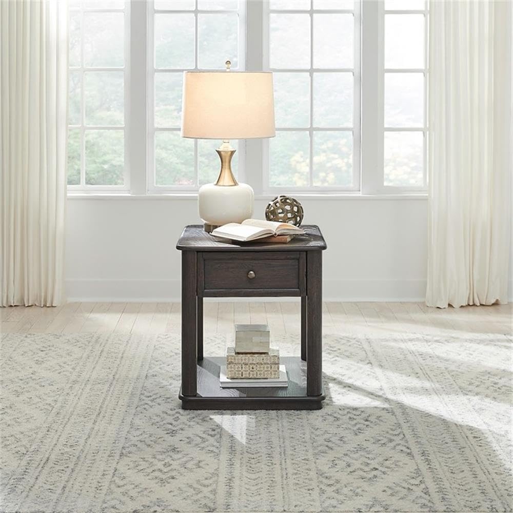 Pemberly Row 3 Piece Table Set, Rubberwood and Oak Veneers, Aged Oak Finish, Includes Cocktail Table with Lift Tops and Casters, 2 End Tables with Drawers, Antique Pewter Knobs, Living Room Furniture
