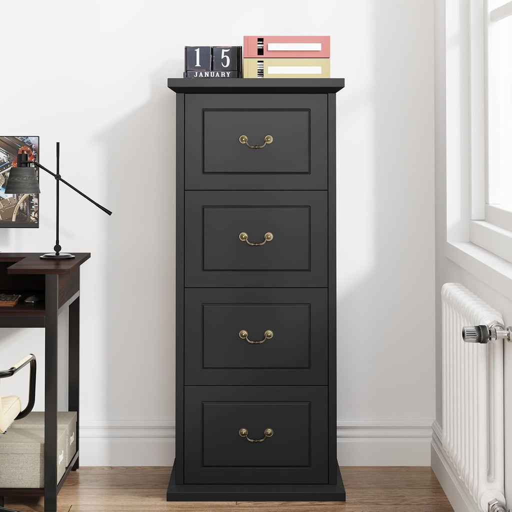 Tribesigns 4-Drawer File Filing Cabinet, Vertical Office File Cabinet,Black | Wooden Filing Cabinet for Legal/A4/Letter Size, Narrow Tall File Storage with Adjustable Hanging Rods for Home Office