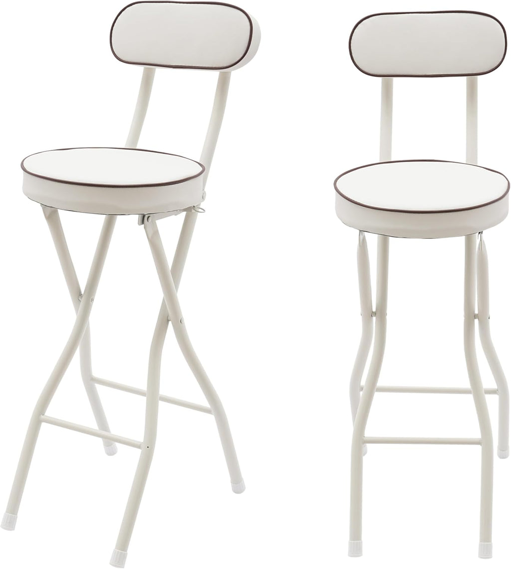 Set of 2-Folding Bar Stool Chair with Back, White Tall Foldable Chair Leather Padded Counter Height Collapsible Stool for Adults Kitchen Island Guitar Shop Cafe