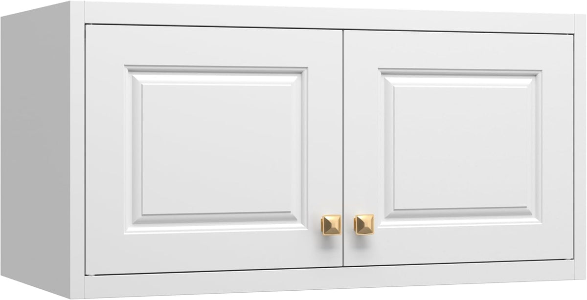 32" Wall Storage Cabinet with 2 Doors & Gold Handles | Black Metal, Hanging Design, 16D x 32W x 15H, for Bathroom & Kitchen, Anti-Tip, Easy Assembly, Hardware Included