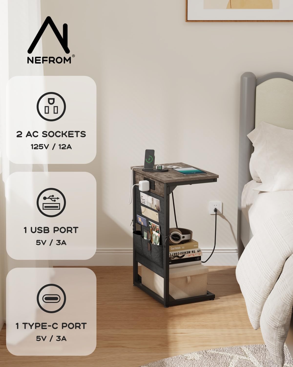 C-Shaped End Table with Fast-Charging Station, Small Couch Side Table with Storage Bag, Sofa TV Tray Table for Living Room, Bedroom, Bedside ET-GY-W1