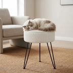 Velvet Vanity Stool Footrests, Round Ottoman Vanity Chairs with Anti-Slip Feet, Dressing Table Seat Foot Stool with Black Legs, Furry Padded Seat Side Table for Makeup Bedroom, White