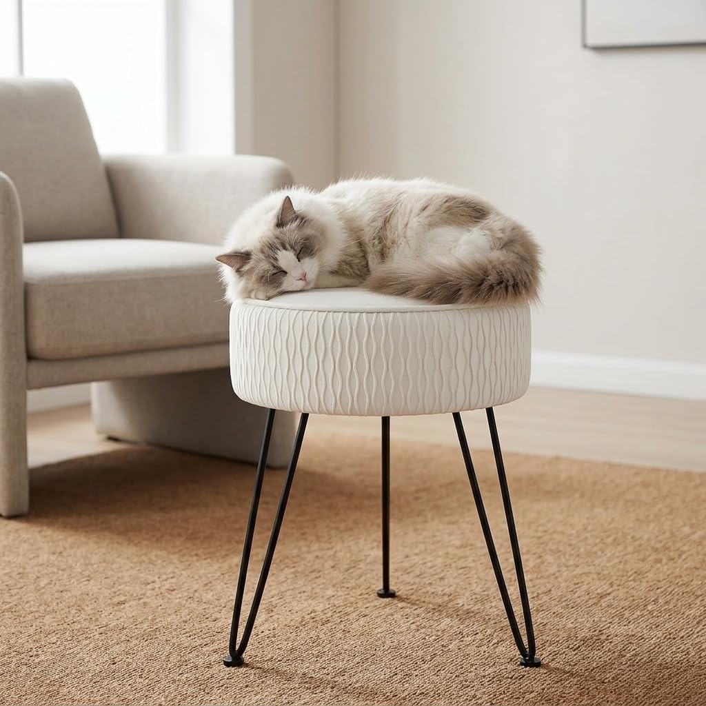Velvet Vanity Stool Footrests, Round Ottoman Vanity Chairs with Anti-Slip Feet, Dressing Table Seat Foot Stool with Black Legs, Furry Padded Seat Side Table for Makeup Bedroom, White