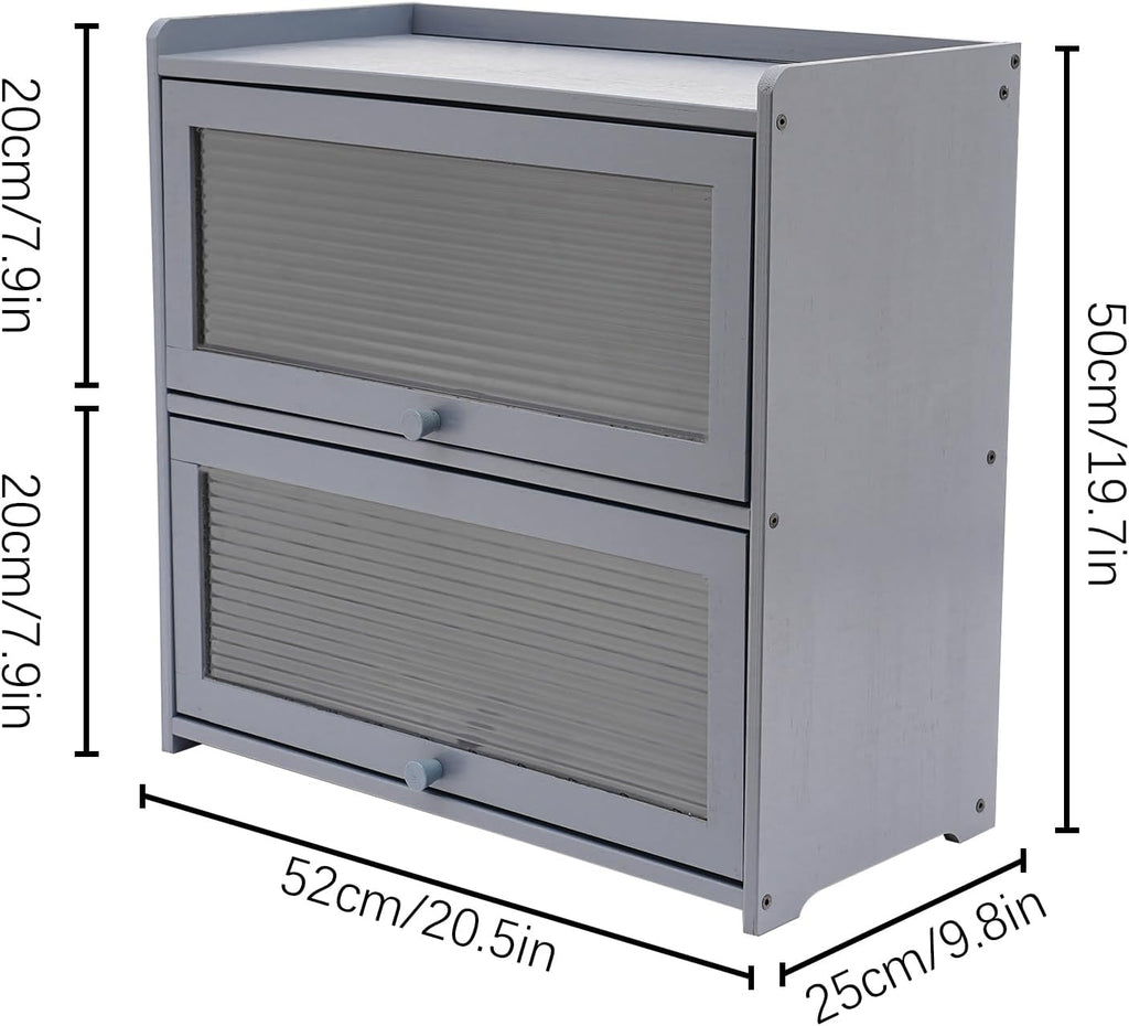 Countertop Kitchen Pantry Cabinet, 20.5x9.8x19.7in Dual-Layer Storage Cabinet for Kitchen Counter, Bamboo Storage Bin with Acrylic Door Panel, Elevated Fence, Translucent Hovering Cabinet Door (Grey)