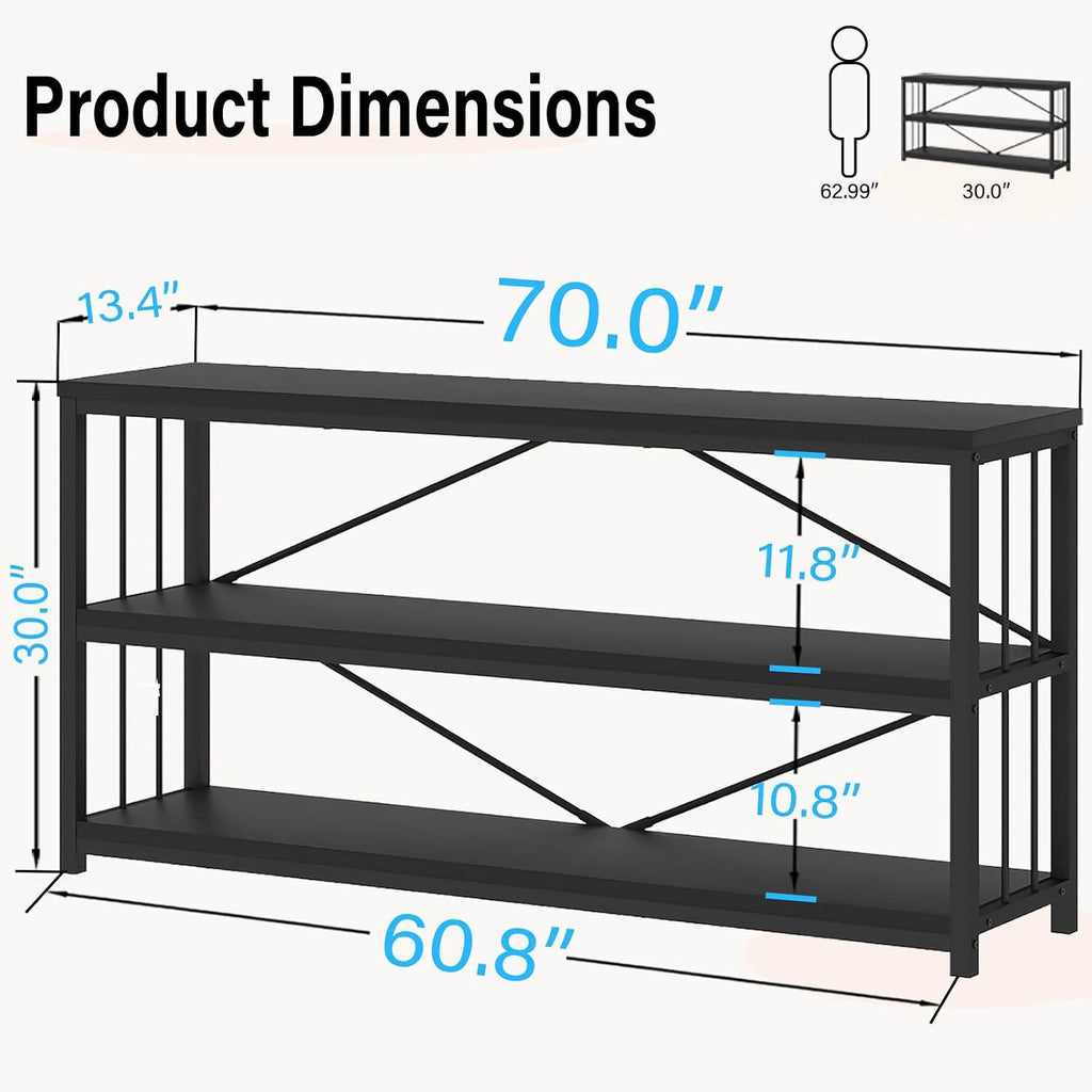 LVB Farmhouse Industrial Console Table for Home, Black Oak, 70 Inch | Wood Metal Foyer Entryway Sofa Tables with Storage, 3 Tier Long Rustic Entry Table TV Stand with Shelves for Home Living Room