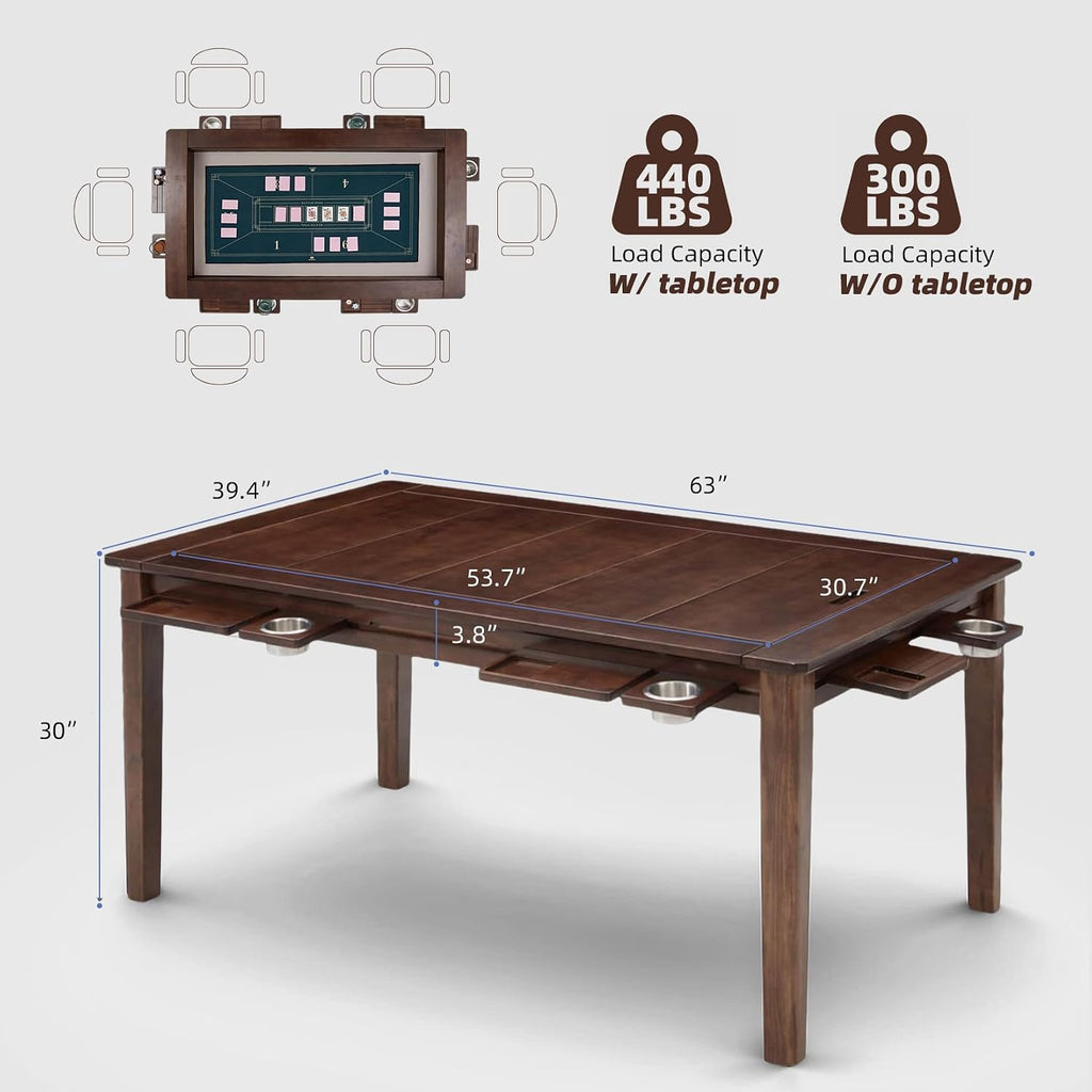 Coperat Solid Wood Board Game Table for 4-6 Players,Dining/Gaming Table w/ 54"x31" Big Gaming Space and Removable Top,Includes Game Mat, 6 Cup Holders & Hobby Tray, Warm Walnut
