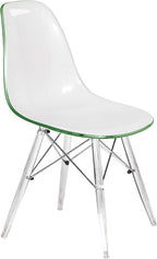 LeisureMod Cresco Modern Molded Dining Chair, Chrome-Plated Eiffel Base and Acrylic Support Legs Ergonomic Curved Seat Accent Side Chair for Living Room, Offices, Cafes, White Green