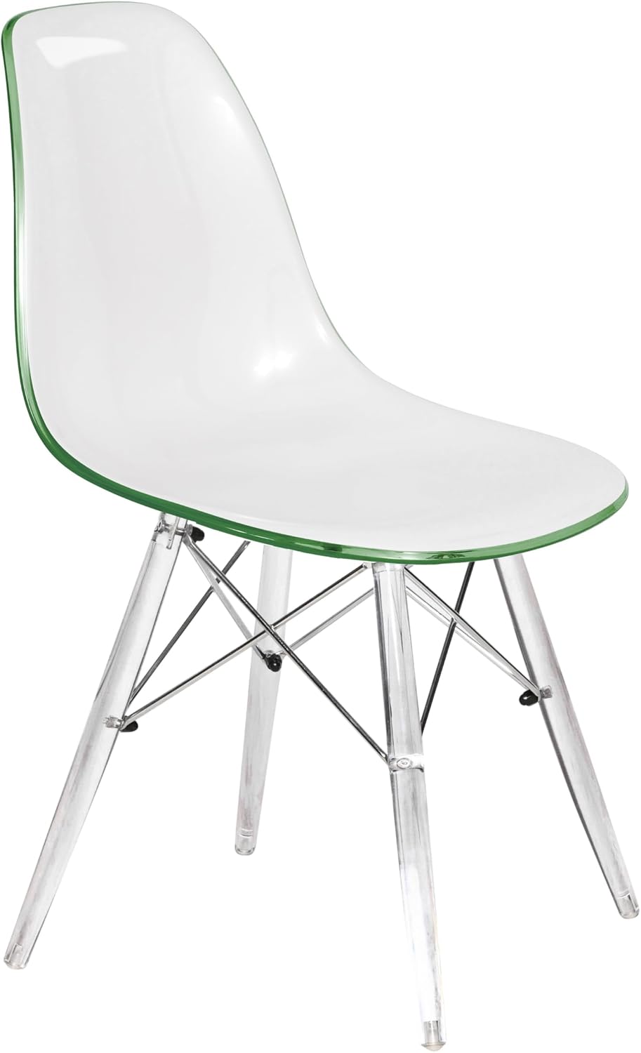 LeisureMod Cresco Modern Molded Dining Chair, Chrome-Plated Eiffel Base and Acrylic Support Legs Ergonomic Curved Seat Accent Side Chair for Living Room, Offices, Cafes, White Green