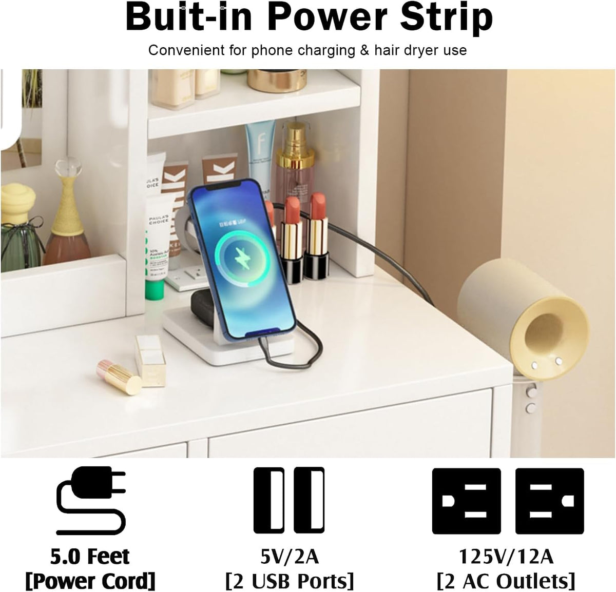 OTOQS Vanity Desk with Mirror and Lights,4 Drawers & Bench Vanity Desk Set | 3 Color Lighting Modes Adjustable Brightness Vanity for Bedroom Makeup Table