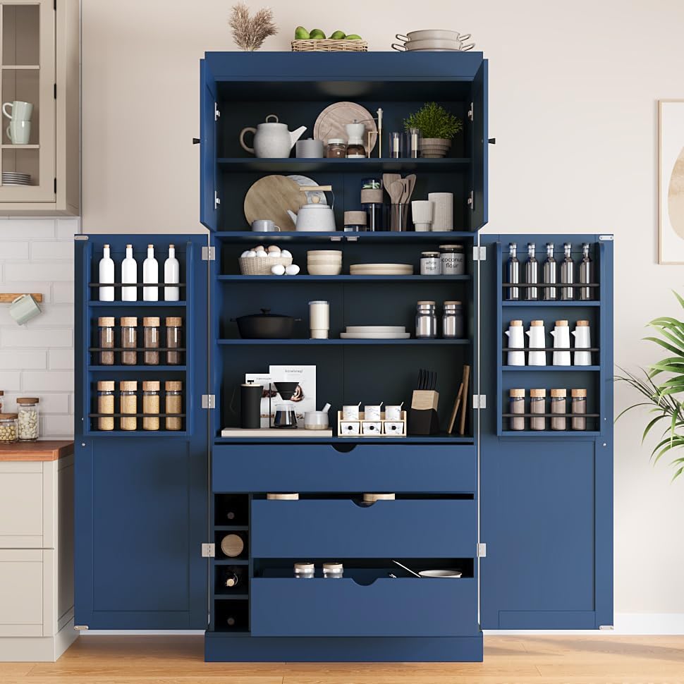 Merax 77'' Tall Freestanding Kitchen Pantry, 35''Lx17.7''W Modern Shaker Style Cupboard Storage Cabinet with Adjustable Shelves,Door Shelves, Drawers and Wine Racks, Blue