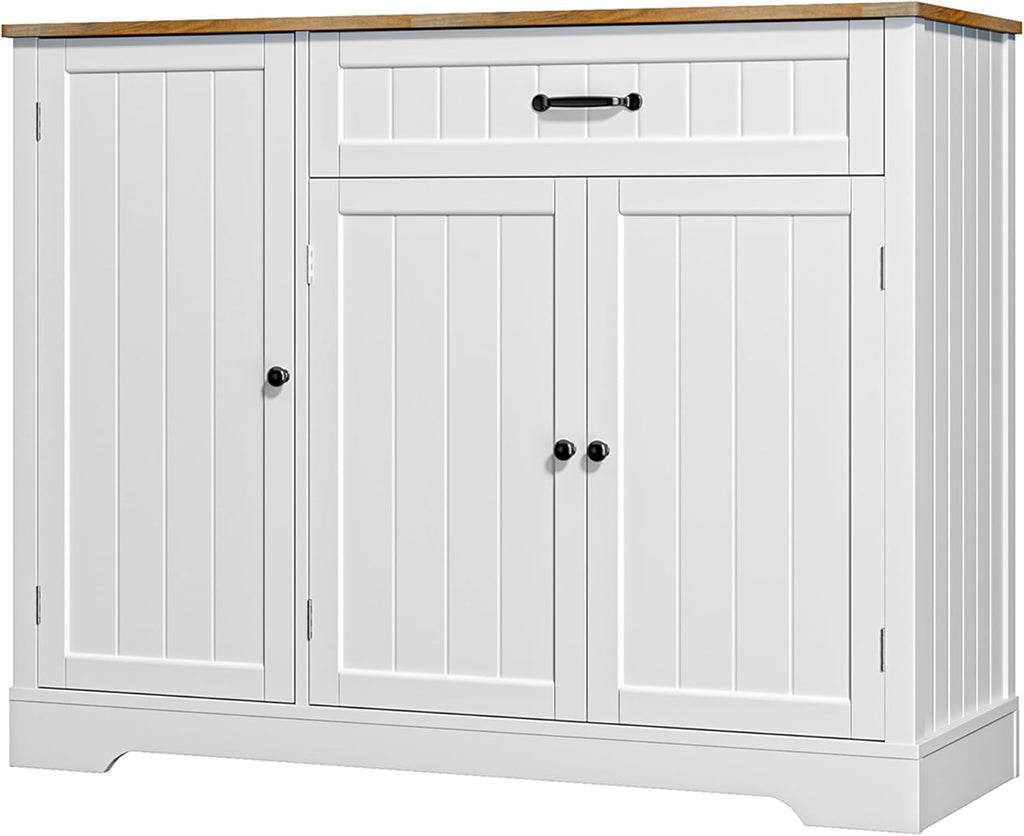 Kitchen Coffee Bar Cabinet with Storage, Sideboard Buffet with Drawers, Shelves and Door, Short Pantry Cabinet for Bathroom or Living Room, White Rustic