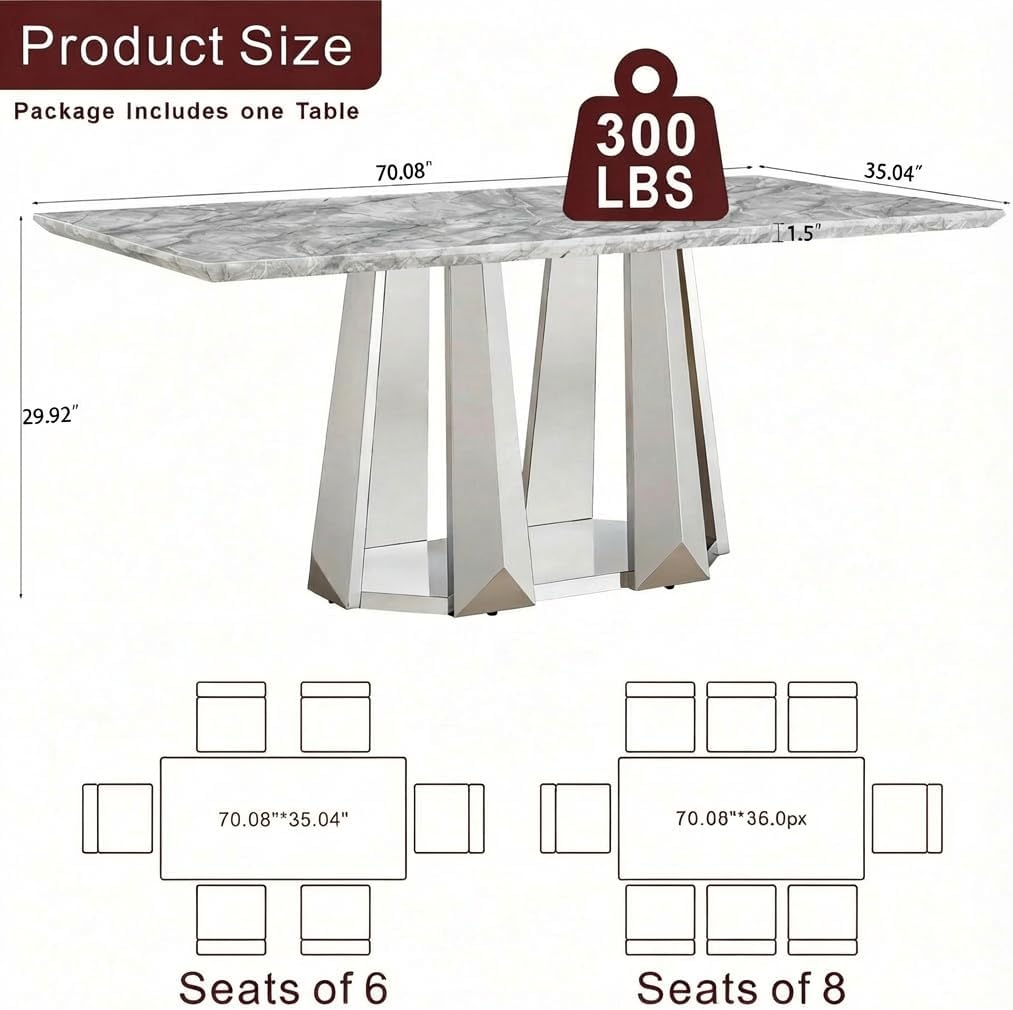 70" Rectangle Faux Marble Luxury Grey Dining Table for 6-8 People, Modern Large Kitchen Table with Silver Mirrored Stainless Steel Leg Base, Dining Table for Dining/Living Room, Office (One Table)