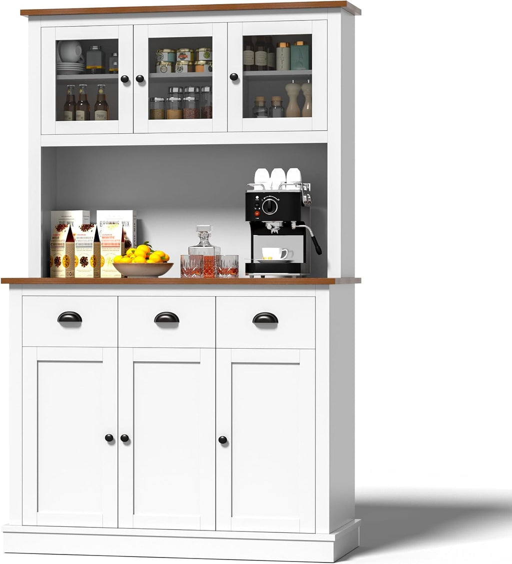 MU 71" Kitchen Pantry Cabinet with Charging Station, Tall Pantry Hutch with Drawers, Countertop & Microwave Shelf, Food Storage Cabinet for Dining Room & Coffee Bar, White